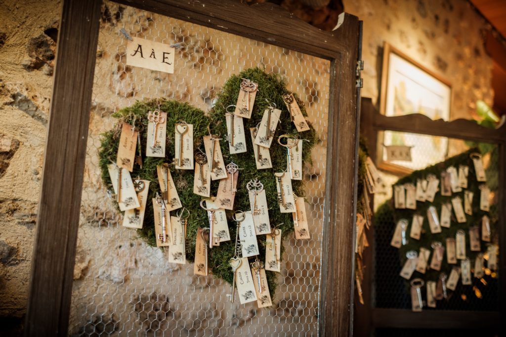 escort card sur le théme alice avec des clefs