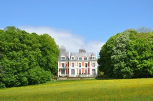 chateau sous ciel bleu entouré d'arbres